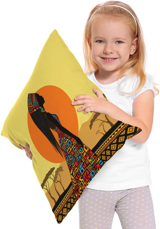 Moslion African Pillow Cover African Woman in a Bohemian Dress Ethnic Throw Pillow Case 18x18 inch Cotton Linen Square Cushion Decorative Cover Sofa Bed Yellow Black - Image 4